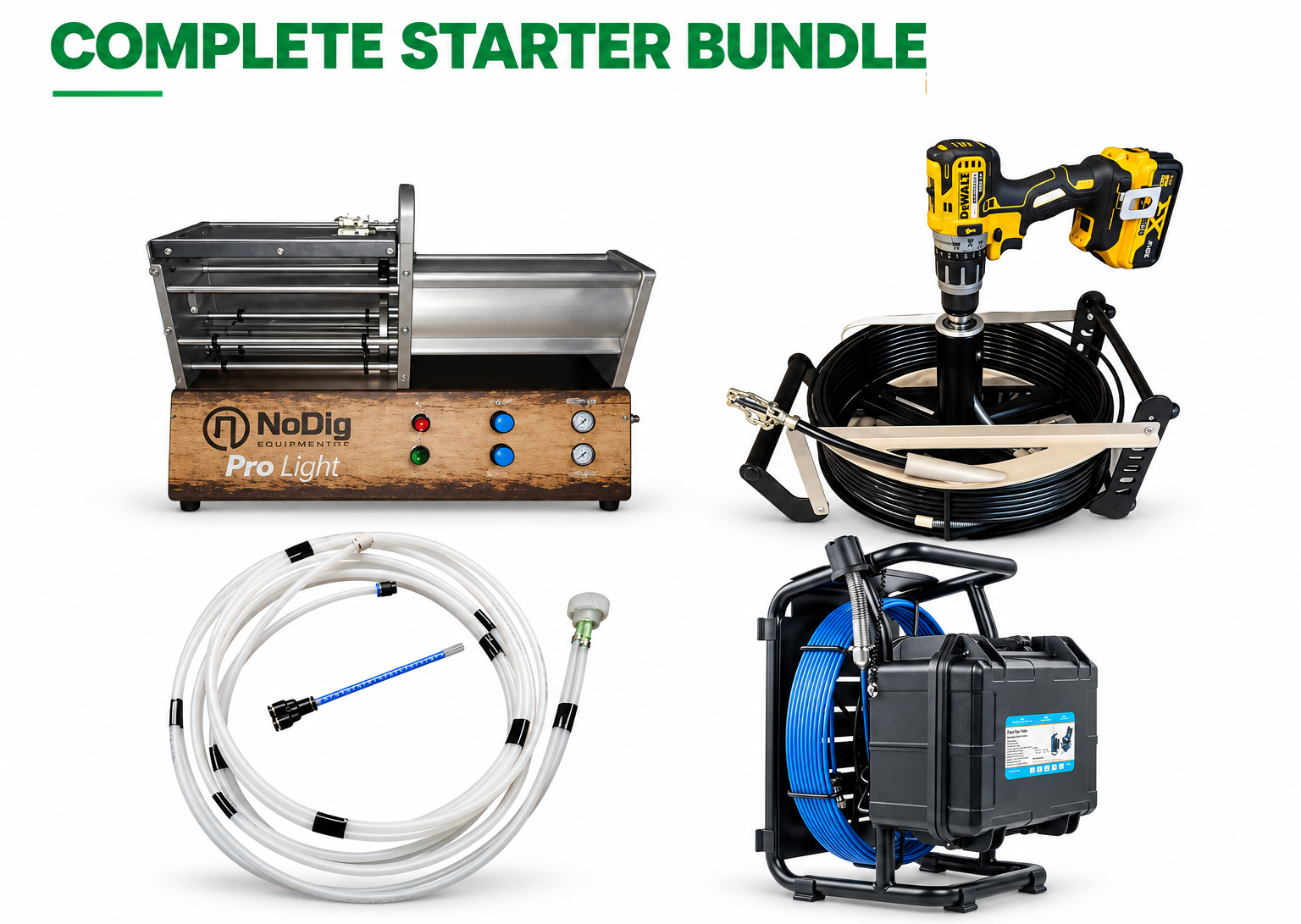 Complete starter bundle: NoDig ProLight coating machine, Mini6 cleaning machine with drill, coating hose package, and inspection camera