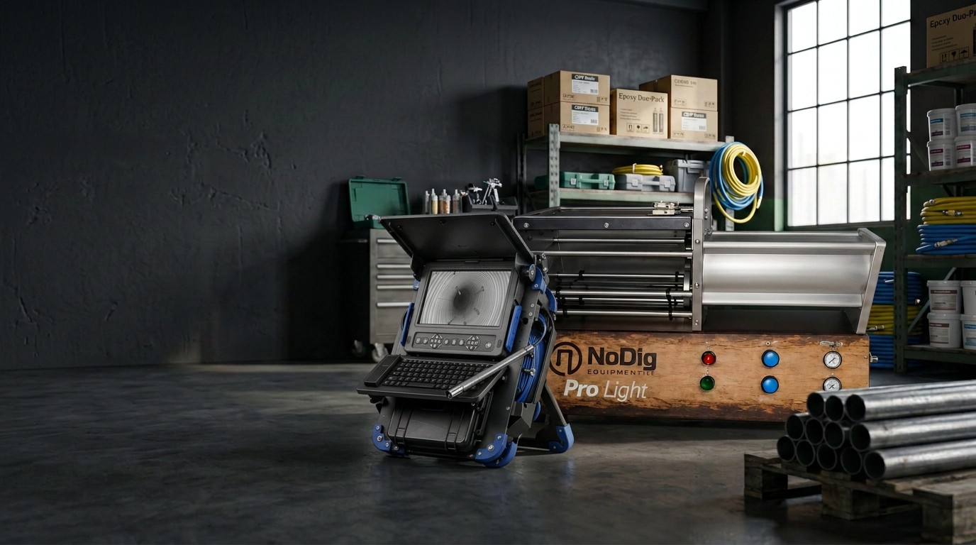 NoDig ProLight spray epoxy coating machine and inspection camera on the workshop floor at Pipeflow Supply