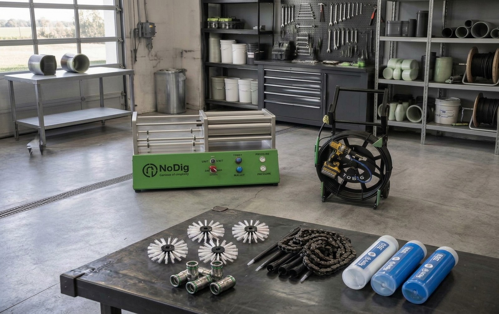 Pipe coating training station with cutaway pipe, coating machine, and inspection equipment